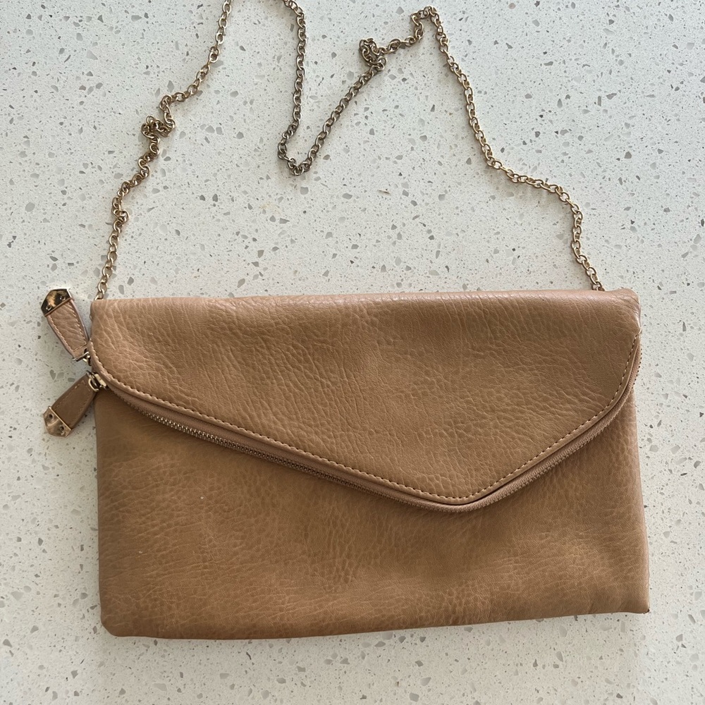 Tan Clutch with detachable gold chain